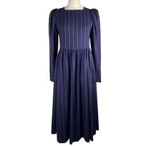 Vintage 80s Laura Ashley VIYELLA Navy Cream Pinstriped Midi Dress